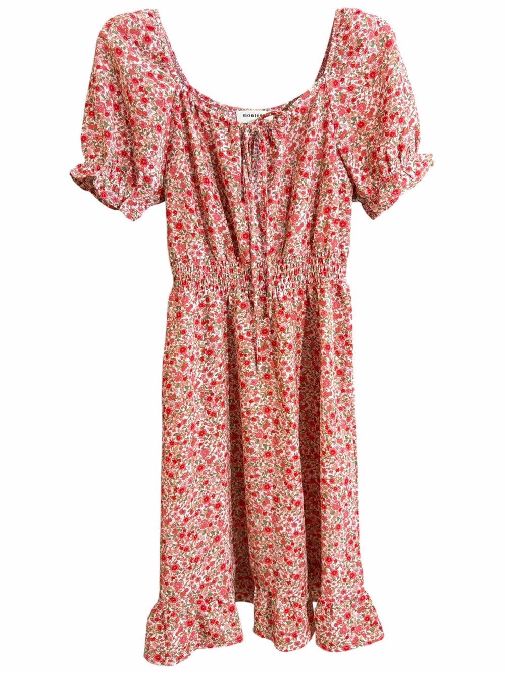 Monteau Red Floral Puff-Sleeve Bohemian Dress. EC. Size XSMALL